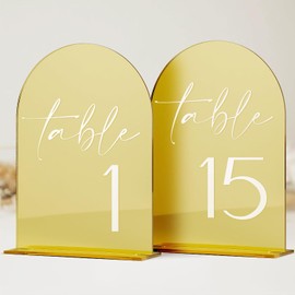 HOODO - Mesa de boda acrílica con espejo dorado números 1-15 con soportes, letrero y soporte acrílico arqueado de 5 x 7 pulgadas, números de mesa de arco de espejo dorado para recepción de boda