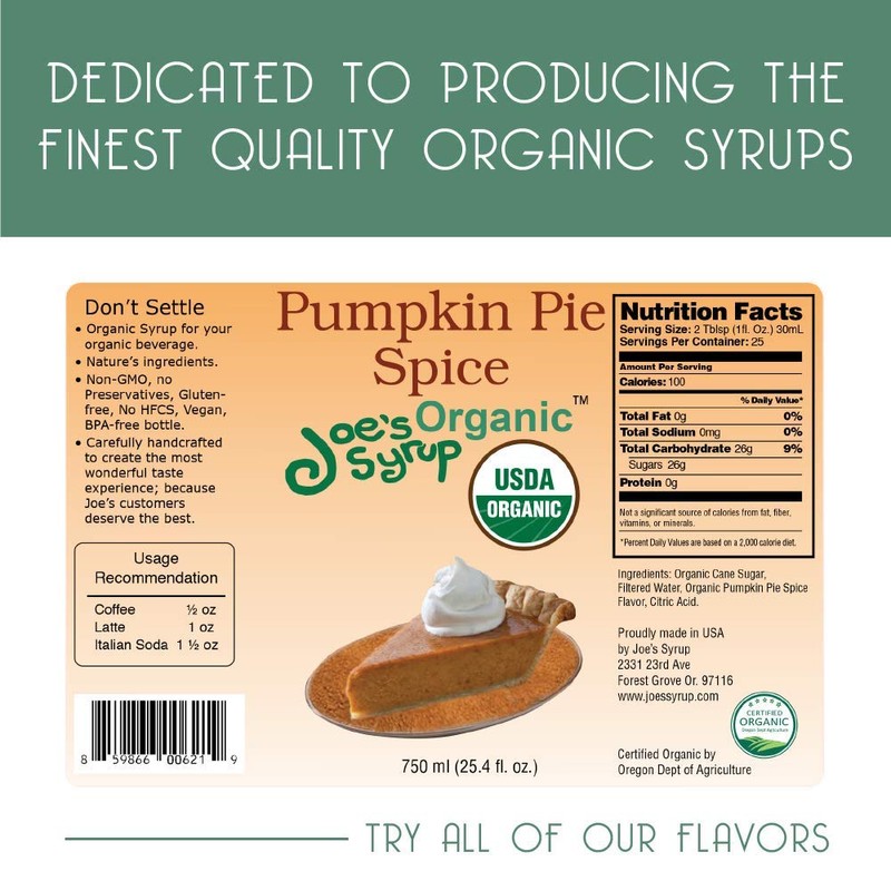 Joe’s Syrup Organic Flavored Syrup, Organic Pumpkin Pie Spice, 750