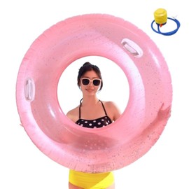 wemitas Float Ring for Adults, 120, 100, Large, Float, Includes Handle, Pink, Glitter, Air Pump, Repair Tape, Set of 3 (Pink, 120)