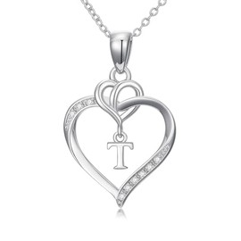 Diamond Letter T Necklace 925 Sterling Silver Lab Grown Diamond Infinity Heart Shaped T Initial Pendant Necklaces for Women Mom Wife, one size, Sterling Silver, Diamond