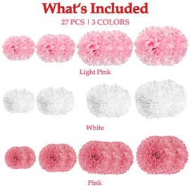 Pink White Tissue Paper Pom Poms Flower Set-27PCS Ideal for Birthday,Bridal Showers,Wedding,Baby Shower Party Decorations (12",10",8",6)