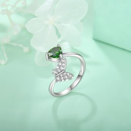 FJ 925 Sterling Silver Butterfly Ring Open Adjustable Ring Emerald May Birthstone Jewelry Gifts for Women Size 7