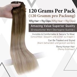LaaVoo Real Hair Clip-In Extensions 40 cm Remy Ombre Blonde Double Wefts Clip-In Extensions Real Hair Light Brown Balayage Dark Ash Blonde Ombre Platinum Blonde Hair Extensions Clip in 120 g / 7 Pieces