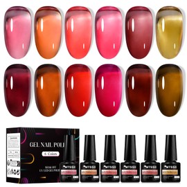 MTSSII Nude Brown Jelly Gel Nail Polish Set 6PCS Jelly Gel Polish Kit Crystal Nail Polish Red Coral Caramel Orange Amber Brown Green Nail Art Manicure DIY Gift