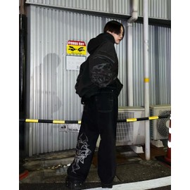 OATSBAS Y2K Beggy Jeans for Women Men Denim Pants Skull Embroidery Gothic Jeans Straight Wide Leg Trouser (Medium,Black-White)