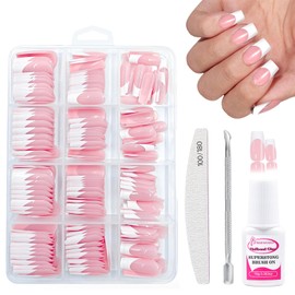 French False Nails - 240Pcs Square French Tip False Nails Medium - Nude Pink Color Fake Nails Kit - Full Cover Stick On Nail For Women Nail Art Manicure Decorations