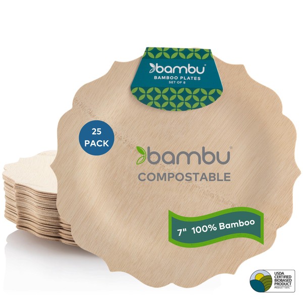 Bambu, Disposable Bamboo Fancy Plates 7 Inch, Organic, Biodegradable and Eco Friendly Flatware, Veneerware Party, Wedding, and Event Plates, Great for Any Occasion, 100% Natural - 7", Pack of 25