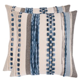 Tosleo Boho Throw Pillow Covers 18x18 Inch Set of 2 Striped Square Decorative Pillowcases Farmhouse Chenille Cushion Case Accent Neutral Tufted Pillow Cases for Living Room Couch Bed, Sky Blue