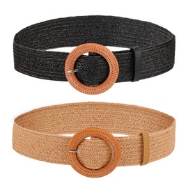 Mikovivi 2pcs Braided Waist Belts for Women, Straw Woven Elastic Belt Summer Dress Belts Boho Wide Stretch Braided Belt with Round Buckle for Women Girls (Black, Light Camel)