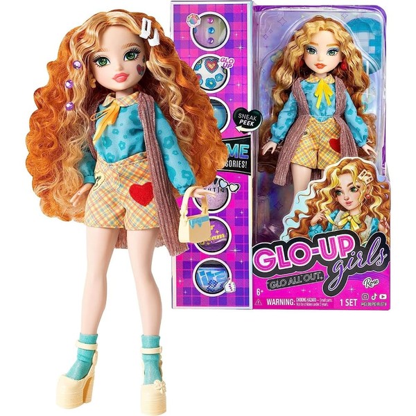 GLO-UP Girls Season 2 Rose Redhead Fashion Doll, Dazzling Jewelry, Hair Gems, Accessories, Fashions, Face Stickers, Makeup, Nails