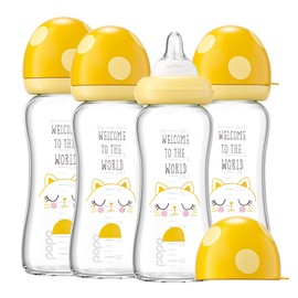 YOHKOH Natural Glass Baby Bottle with Natural Response Nipple, Newborn Anti-Colic Baby Bottles, Wide Neck Mushroom Cap Baby Bottle, Clear (8.8ounce (Pack of 4), Yellow1)