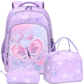 Kimwadalh Butterfly Beaded Backpack for Girls SchoolBag Students Rucksack Bookbag School Bag Set 3 in 1 Backpack Set for School,Travel, Daily Use