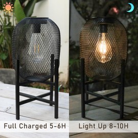 Solar Mesh Lantern Outdoor – 13.8" Tall Black Metal Patio Light with Edison Glass Bulb, Solar Powered Warm Glow LED, Waterproof IP65 for Garden, Porch, Deck, Tabletop Decor