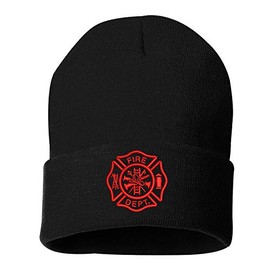 DSY Lifestyle Fire Department Symbol Beanie Winter Hat, Unisex First Responder Hat, Fire Fighter Hat (Black)