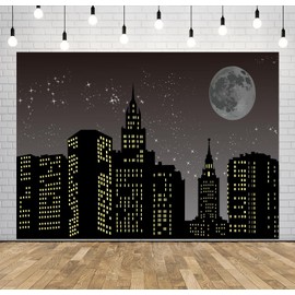 Loccor 7x5ft Fabric Cartoon City Skyline Backdrop Night City Under Star Sky Silhouette Sky Full Moon and Stars Scenery Background for Kids Birthday Party Decorations Baby Shower Photo Studio Props