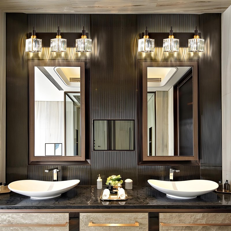 HUOKU Modern Crystal Bathroom Vanity Light 3-Light Brass Wall Light