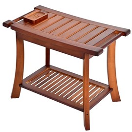 Teak Shower Chair Stool, 24" Shower Bench Seat, Wooden Bathroom Bench with Storage Shelf for Indoor & Outdoor Use