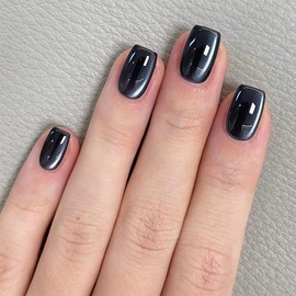 Black Press on Nails - Cat Eye Fake Nails | Short Square Acrylic Nails with Jelly Glue,Glitter False Nails with Magnetic Effect | Stick on Nail for Women Girls | 12 Size-24Pcs