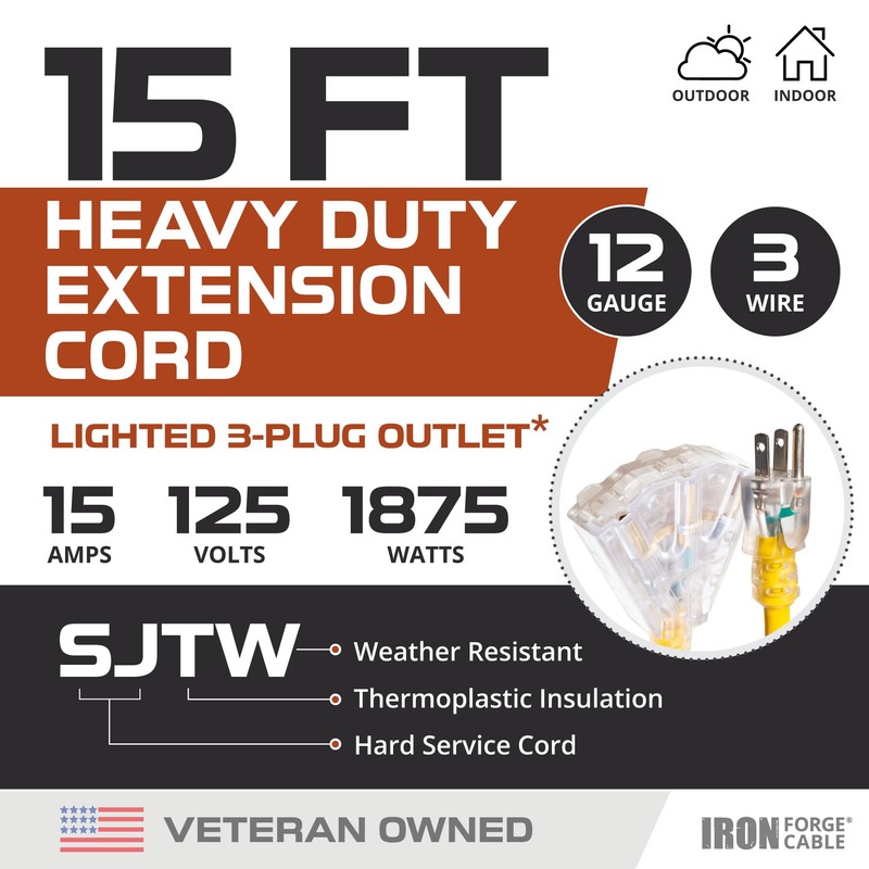 IRON FORGE CABLE 15 Foot Lighted Outdoor Extension Cord with