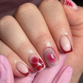 Foccna French Press on Nails Short Red Fake Nails Square Glossy Flower False Nail Tips Artificial Nails for Women&Girls 24 pcs