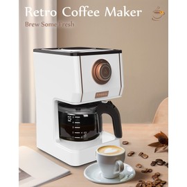 Amaste Retro Style Coffee Machine with 25 Oz Glass Coffee Pot, Reusable Coffee Filter & Three Brewing Modes, 30minute-warm-keeping, Elegant White with Rose Gold