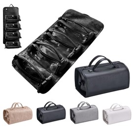 Flat Lay Travel Makeup Bag Leather Clear with Compartments, Toiletry Bags for Women, 4 in 1 Waterproof Bags Detachable Foldable Hanging, Portable Storage Organise Roll Up Makeup Organiser Bags (Black)