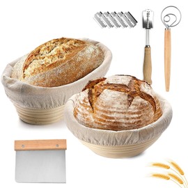 Proofing Basket Set, Proofing Basket for Bread Baking, 23 cm Round and 21 cm Oval, 100% Natural Rattan, Bread Basket with Linen Insert, Bread Baking Accessories for Professional and Domestic Bakers