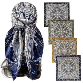 Scarf Set for Women 4 Pack — Square Satin Head Scarves Lightweight Soft Printed Neck Scarfs Elegant Hair Wrap for Daily or Gift Use 90x90cm