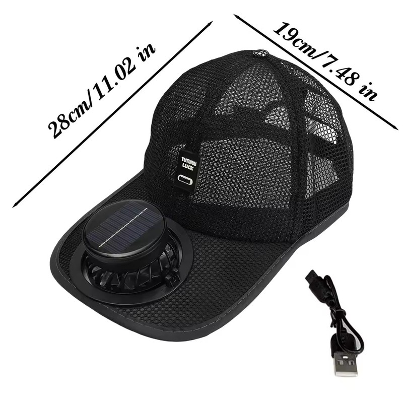 Solar & USB Rechargeable Fan Baseball Cap, 3-Speed Mesh Cooling