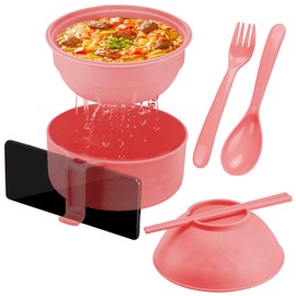 ZENGABIA Ramen Noodle Bowls Microwavable, 33oz Wheat Fiber Instant Noodle Bowl with Chopsticks Spoon Fork, Microwave Ramen Bowl Set Cooker with Strainer Lid for College Dorm Apartment Office, Pink