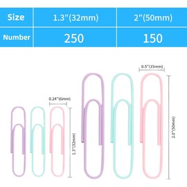 Multicolor Jumbo Paper Clips, 1.3 Inch (33mm) & 2 Inch (50mm), 400-Pack for Office, School & Home Document Organizing (Pastel, 1.3 Inch and 2 Inch)