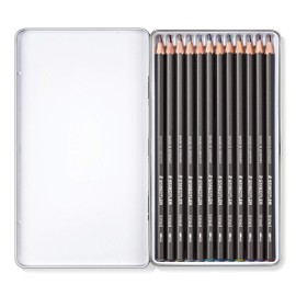 Staedtler Water-Soluble Tinted Graphite Pencils, Watercolor Artist Set, Pre-sharpened, 12 Colors in Metal Tin, 14610T M12