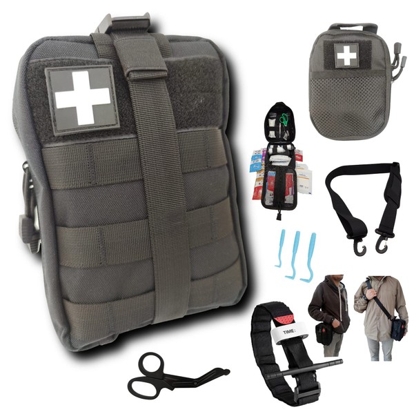 First Aid Kit Black Complete Tactical CE Standards + Small Set + Shoulder Strap + Paracord Survival Bracelet + Mesh Puller Use: For Hiking, Travel, Airsoft.....