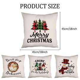 Autrucker Merry Christmas Pillowcases Set of 4, 18" x 18" Christmas Trees Santa Claus Xmas Snowman Gnome Throw Cushion Covers, Christmas Throw Cushion Cases Decorative Winter Holiday for Couch