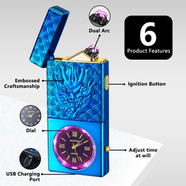 COMANYI Electric Lighter USB Rechargeable Lighter, Windproof Plasma Dual Arc Lighters, Flameless Cool Clock Lighters with LED Battery Indication for Candles, Incense Stick, Outdoor Use (Blue, Dragon)