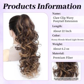 Ponytail Extension Curly Wavy, 22" Claw Clip Ponytail Extensions for Women, Fluffy Long Wavy Curly Fake Pony Tail Clip in Hair (4H27#, 22 Inch)