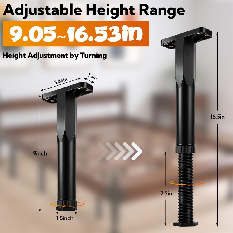 8 Pack Adjustable Bed Support Legs, 9 to 16.5 Inch