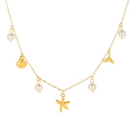 Gold Charm Necklace for Women 18K Gold Shell sea turtle Starfish Necklaces White Pearl Choker Necklaces Summer Beach seashell necklace Jewelry for Women Gift (Gold-B)