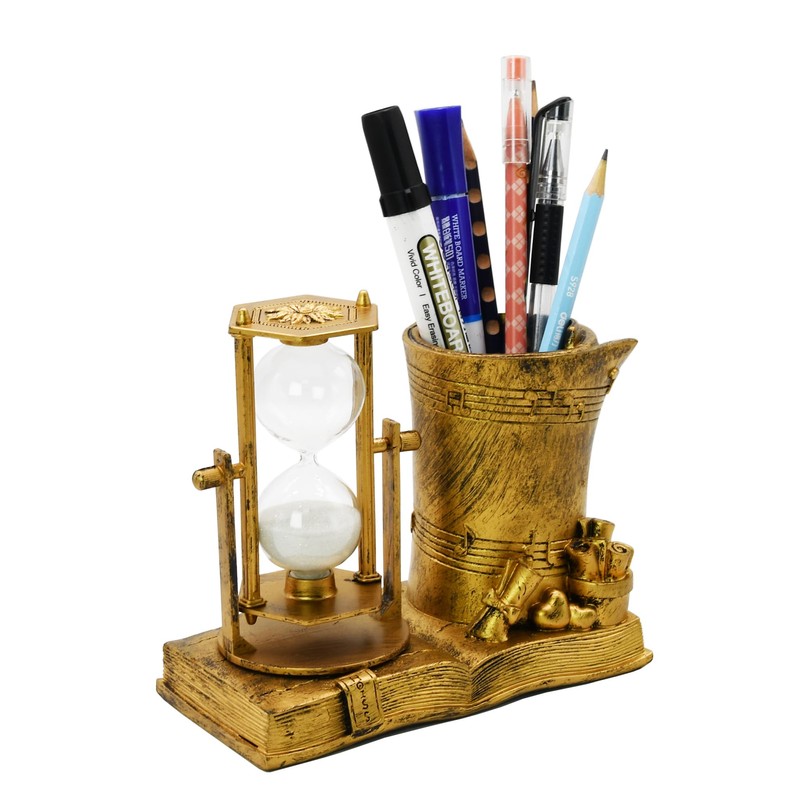 Music-Themed Pencil Holder with Hourglass, Resin Desktop Organizer for Office