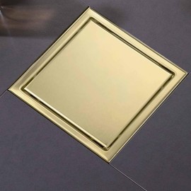 4 Inch Square Shower Floor Drain, Shower Drain Kit with Flange and 2 in 1 Tile-Insert Cover, Square Shower Drain, SUS 304 Stainless Steel Floor Drain,Brushed Gold