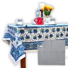 Sweet Us Blossom Burst Floral Cotton Block Print Tablecloth and One Gray Napkin, Floral Kitchen Dining Table Cloth, Table Cover for Indoor and Outdoors, Blue Lagoon, 60 x 90 in