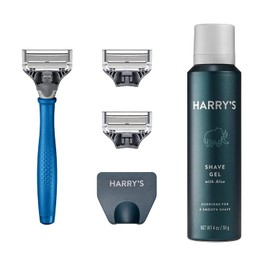 Harry's Razors for Men - Razor Set with 3 Razor Blade Refills, Travel Blade Cover, 4 Oz Shave Gel (Indigo Blue)