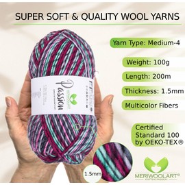 MeriWoolArt® Merino Wool for Knitting - 200 m Multicoloured Thick Merino Wool - Soft Wool for Crochet and Arm Knitting for Sweaters, Scarves, Blankets, Cloths, DIY Knitting Projects