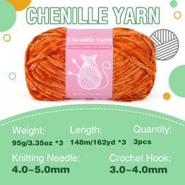 LUNARM Chenille Velvet Yarn, Yarn for Crocheting Knitting with Big Eye Needles, Handcrafts Weaving Soft Chenille Yarn for Making Blankets Clothes Pattern Knitting - 3 * 3.35oz, 3 * 162yds (Orange)