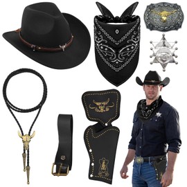 8Pcs Western Cowboy Fancy Dress Accessories Set, Brown Hat Paisley Bandanna Holster Belt Western Bolo Buckle Tie Necklace Sheriff Badge Wild West Cowboy Outfit Kit for Men Hippie Disco Party