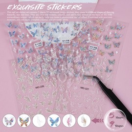 5D Embossed Butterfly Nail Stickers, 5 Sheets Line Star Nail Decals Self-Adhesive Nail Supplies Pink Blue White Butterfly Stickers for Women Girls Nail Decorations