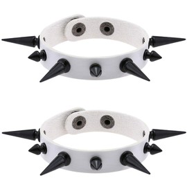 FM FM42 Women White PU Simulated Leather Black-tone Long and Short Rivets Spike Spiked Punk Gothic Adjustable Bracelet, Pack of 2