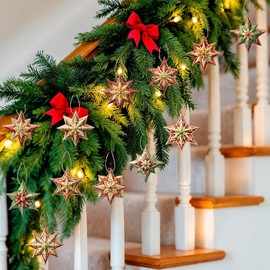 36pcs Wooden Christmas Star Ornaments, Wooden Holiday Decorations,12 Patterns,Good for Christmas Decoration.