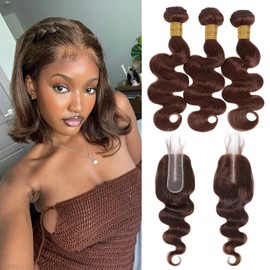 MOMOSHERO 12A Chocolate Brown Bundles With Closure Human Hair Body Wave, Soft Glossy Wavy 100% Remy Hair Weaves Colored #4 Medium Dark Brown 3 Bundle and 2X6 HD Lace Closure Deep Part 10 12 14+10 inch