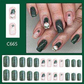 Christmas Press on Nails Short Square Fake Nails With Gnome Christmas Tree Designs Xmas Green Glitter False Nails Full Cover Stick on Nails Acrylic Winter Artificial Nails for Women 24 Pcs